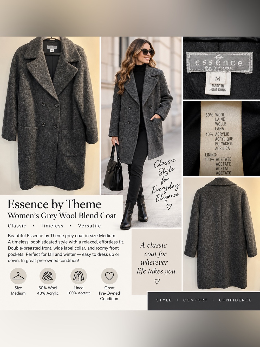 Essence by Theme Women's Charcoal Grey Wool-Blend Double-Breasted Pea Coat